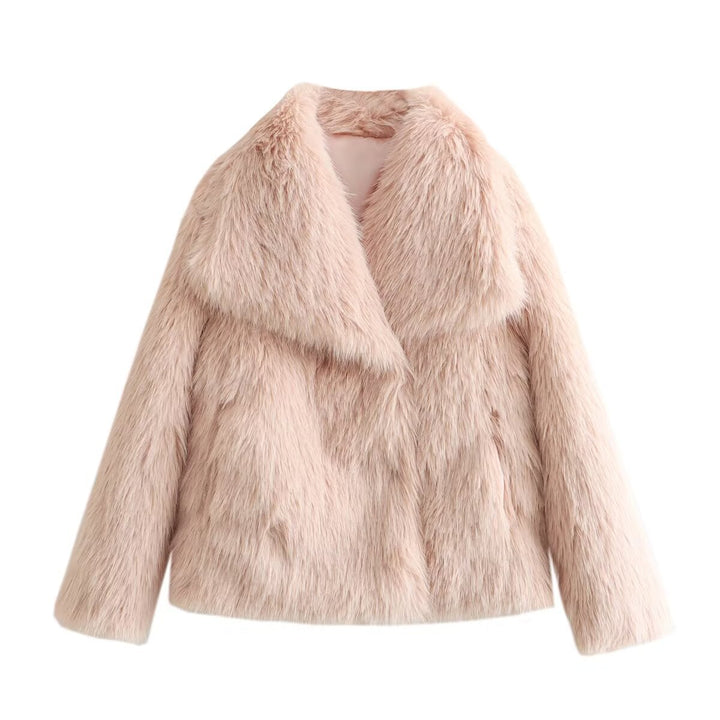 Ladies Short Boxy Faux Fur Jacket with Wide Shawl Collar and Long Fiber Faux Fur Mune Fashion