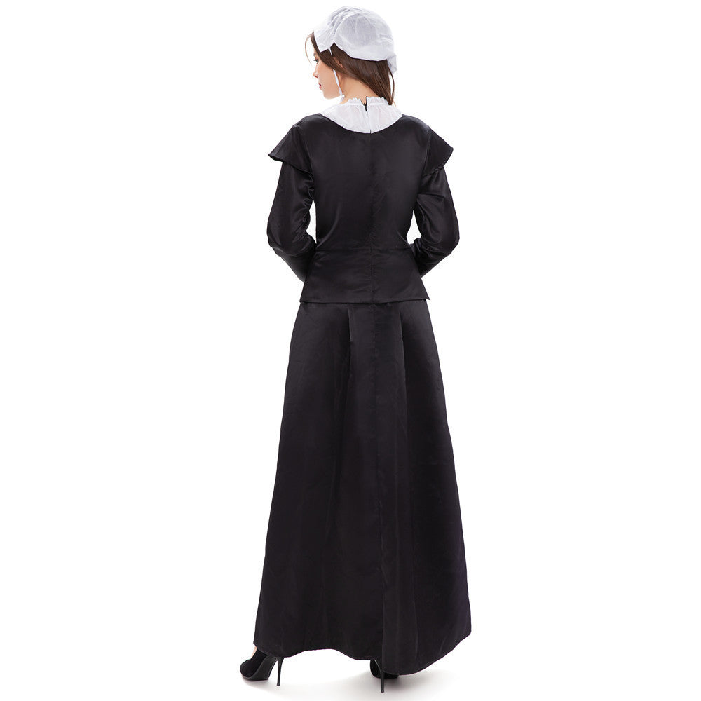 Women's historical pilgrim costume with long skirt, gathered blouse, removable apron, and hood Mune Fashion