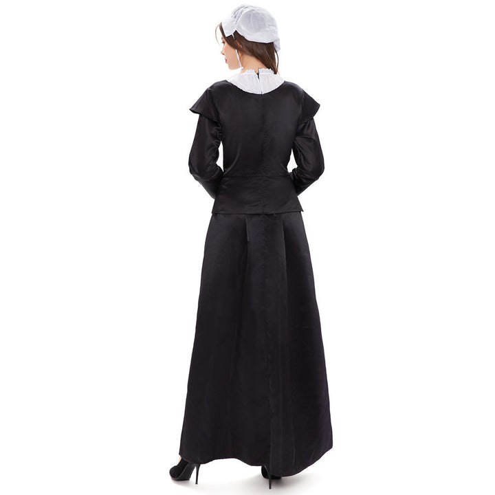 Women's historical pilgrim costume with long skirt, gathered blouse, removable apron, and hood Mune Fashion