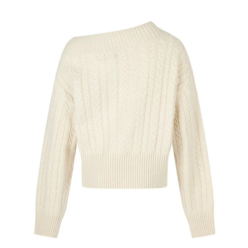 Women's short braid knit sweater with wide boat neckline and distinctive logo waistband Mune Fashion