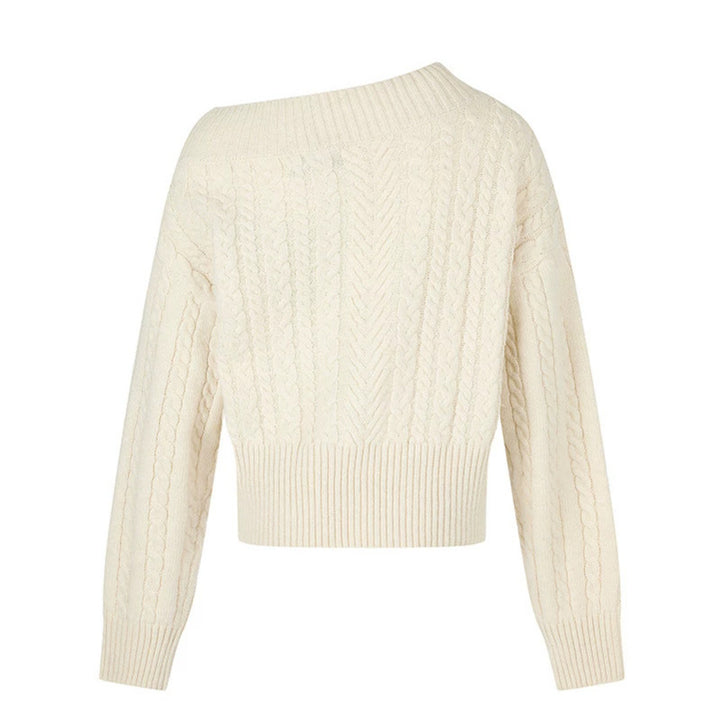 Women's short braid knit sweater with wide boat neckline and distinctive logo waistband Mune Fashion