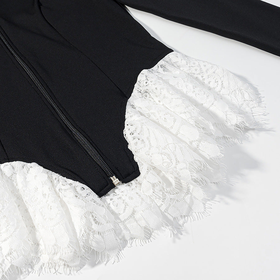 Women Tailored Short Jacket with Center Zipper and Lace Ruffles Mune Fashion