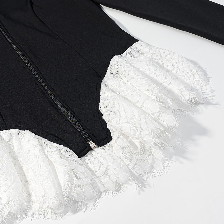 Women Tailored Short Jacket with Center Zipper and Lace Ruffles Mune Fashion