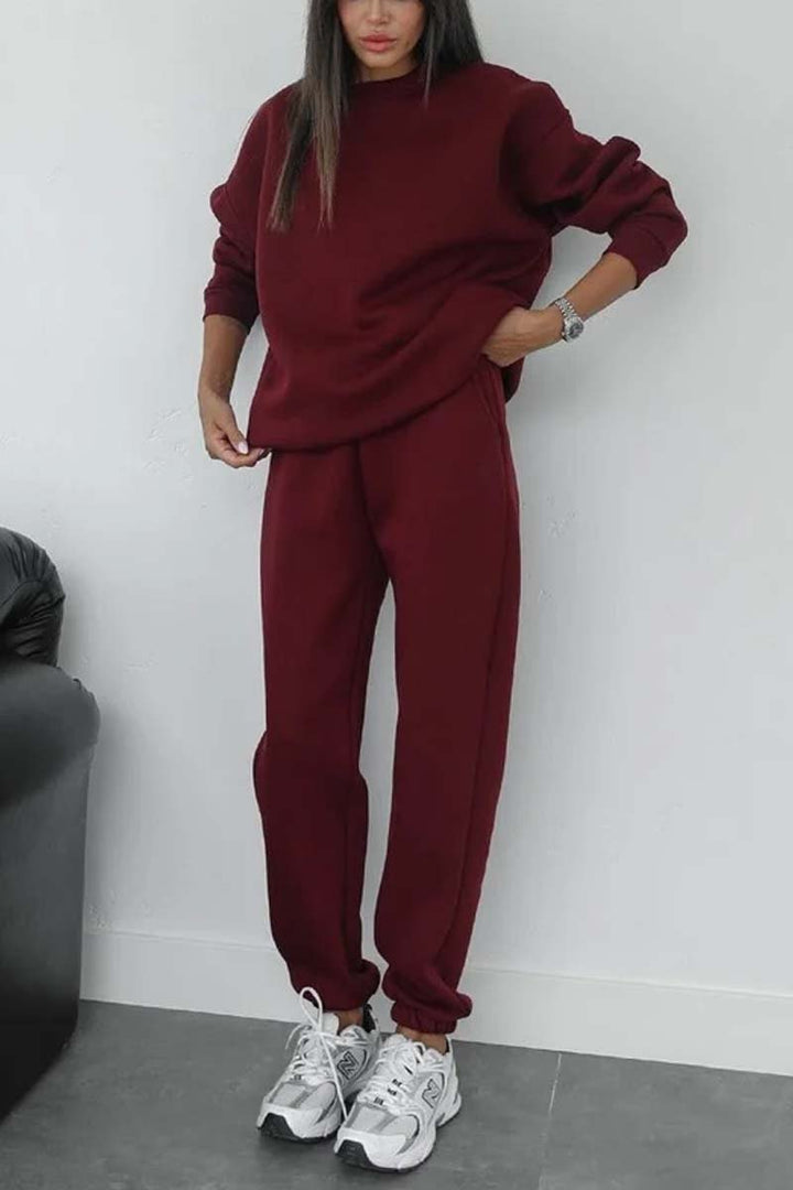 Women's minimalist cozy set made of heavy French terry with wide crew neck sweater and straight joggers Mune Fashion
