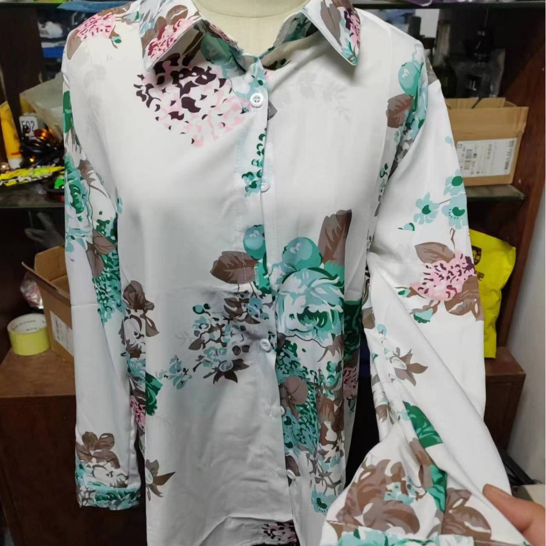 Women's loose shirt blouse with floral print and rolled sleeves Mune Fashion
