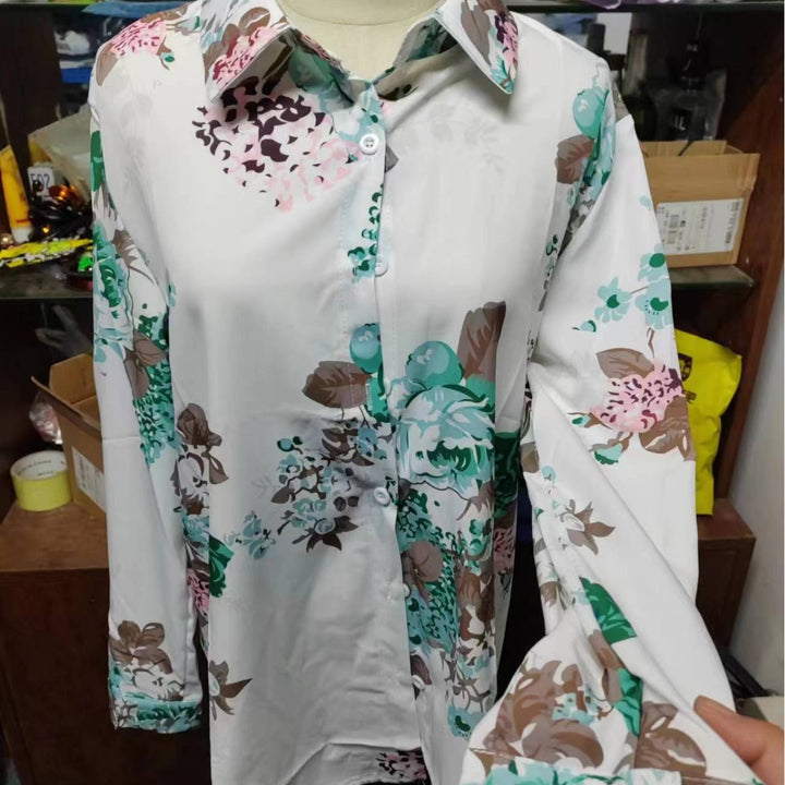 Women's loose shirt blouse with floral print and rolled sleeves Mune Fashion