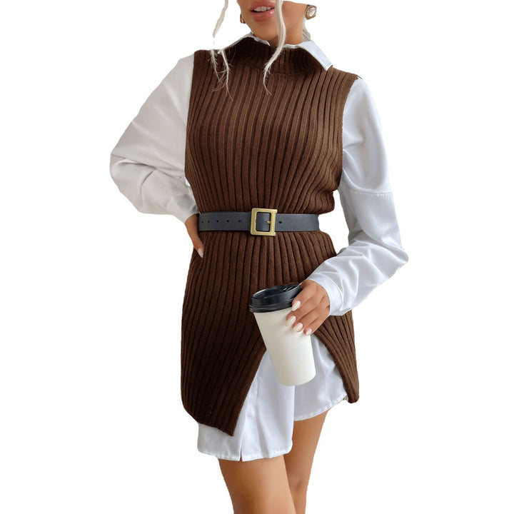 Women's ribbed long vest with side slits, tapered belt and longline cut Mune Fashion