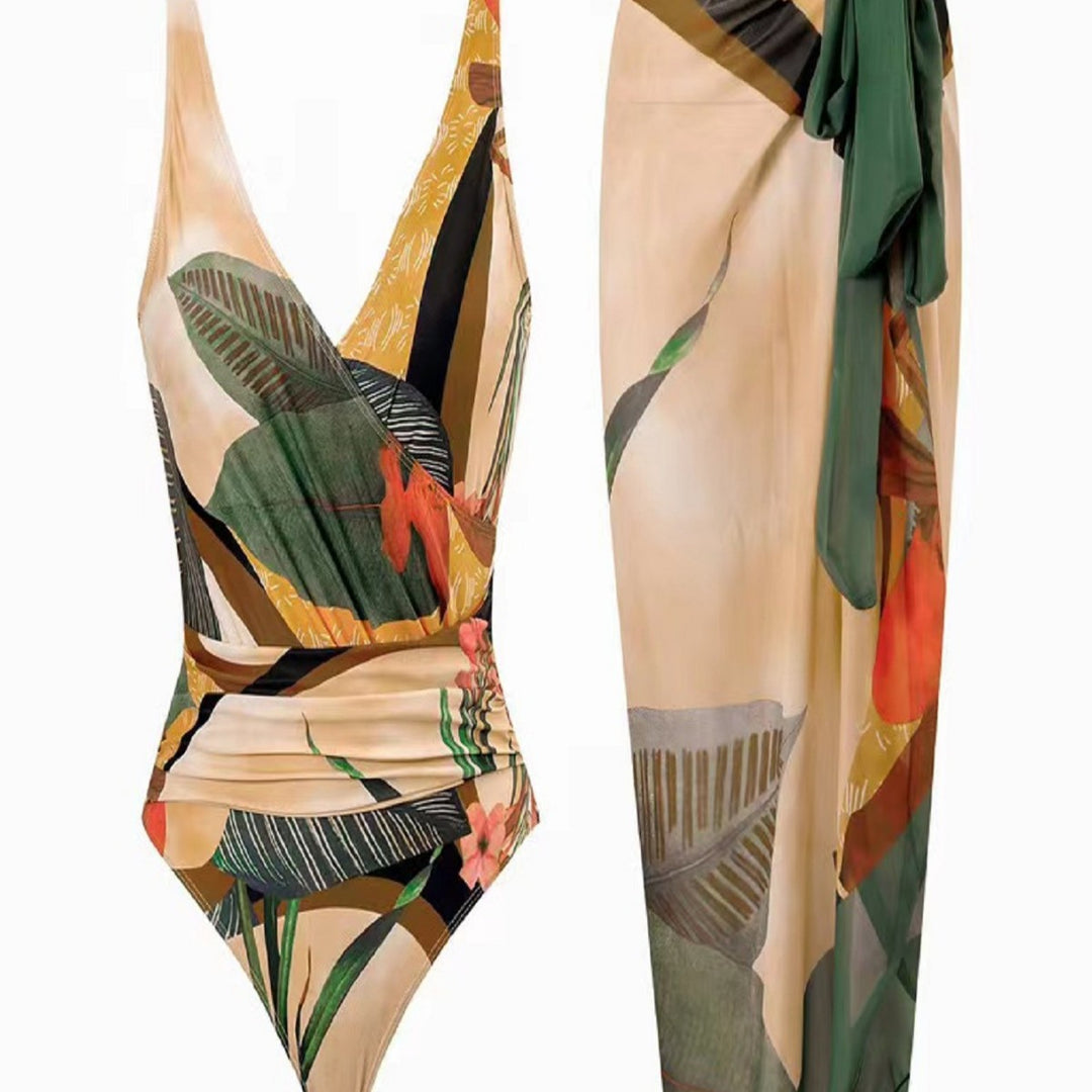 Ladies' one-piece swimsuit with floral wrap skirt Mune Fashion