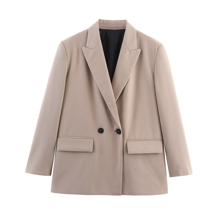 Women's Double-Breasted Blazer with Lapel Collar, Longer Oversized Cut and Flap Pockets Mune Fashion