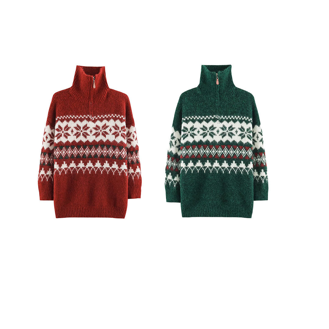 Women's Norwegian Pattern Knit Sweater with Half Zipper and Stand-up Collar Mune Fashion