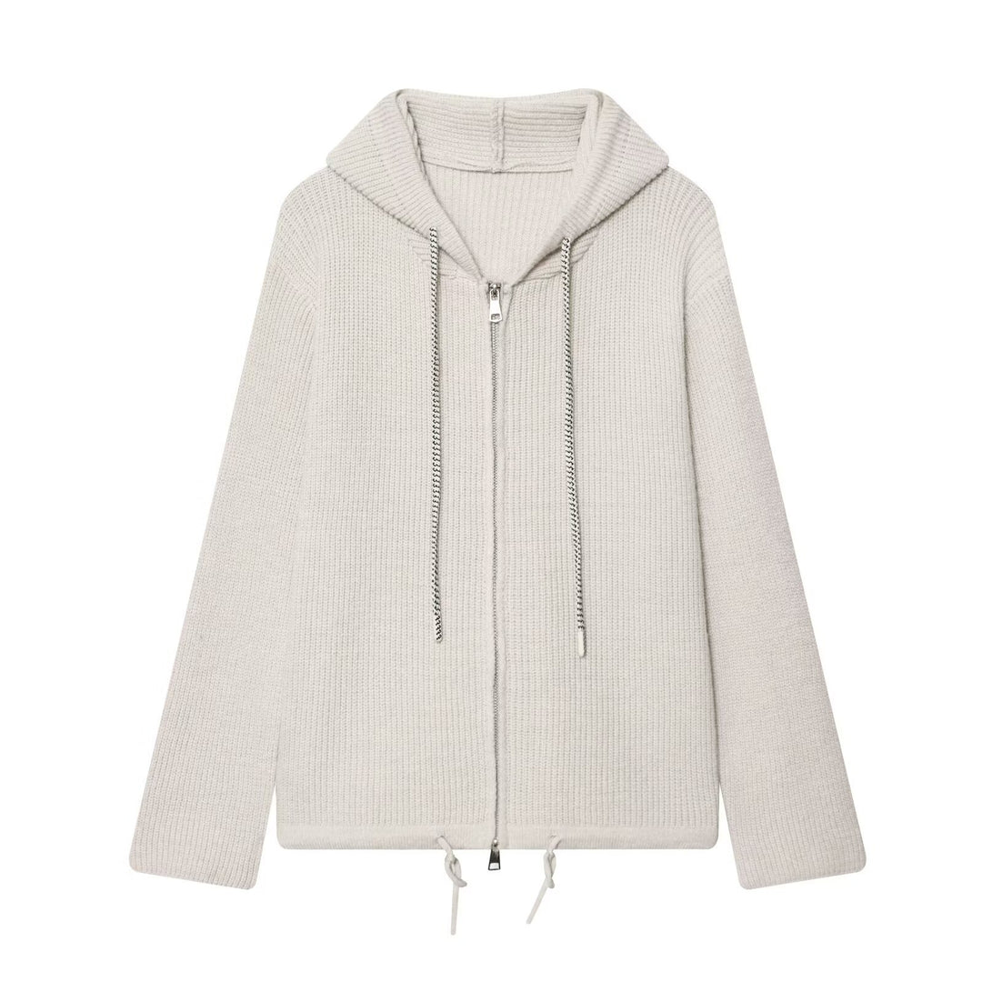 Women's knitted zip-up hoodie with full zip, ribbed texture and drawstring Mune Fashion