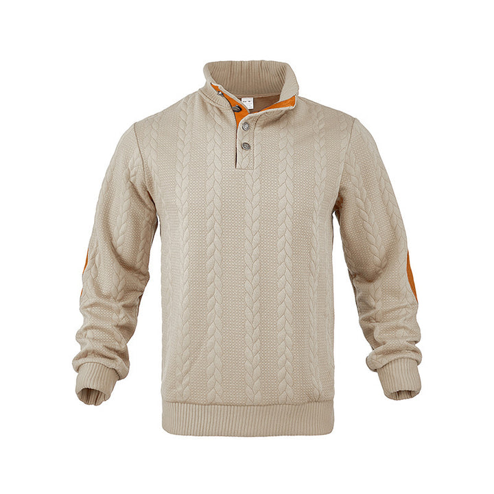 Men's cable knit sweater with stand-up collar, button placket & elbow patches Mune Fashion