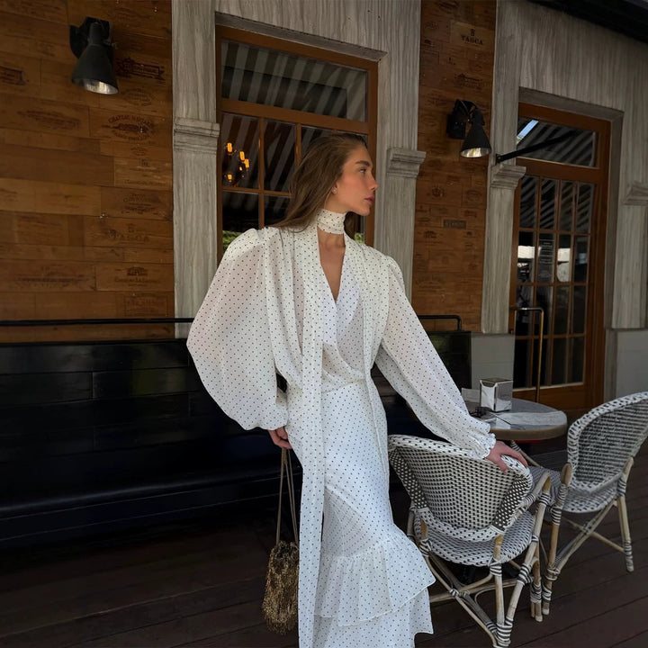 Women's Maxi Dress in Chiffon with Wrap Top, Bow and Tiered Ruffle Skirt Mune Fashion