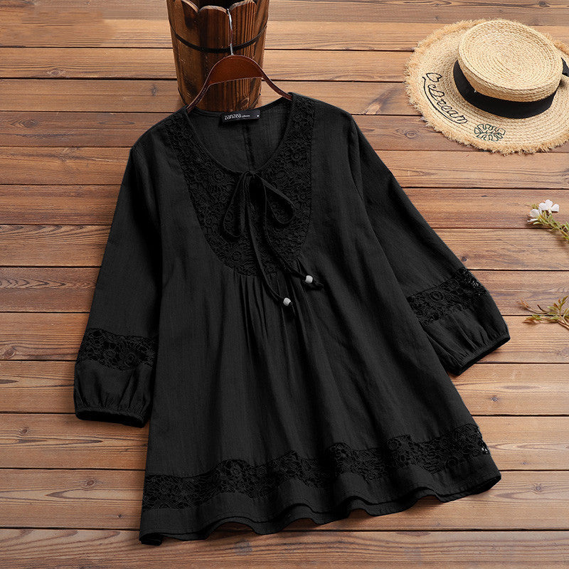 Women's Casual Tunic Blouse with Crochet Lace, Tie Collar and Three-Quarter Sleeves Mune Fashion