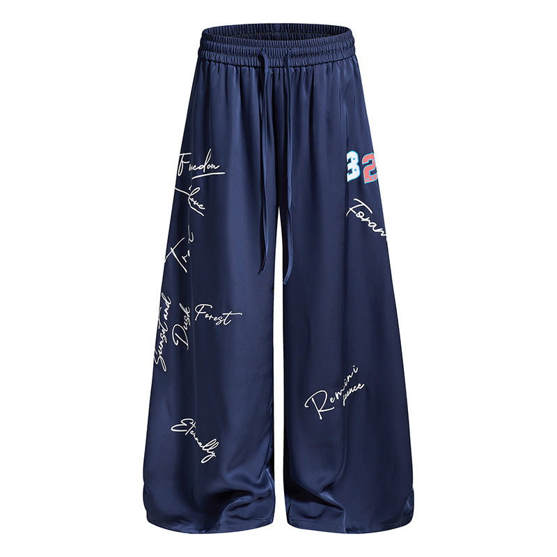 Women's Wide Satin Palazzo Lounge Pants with Elastic Waistband, Drawstring, and Script Print Mune Fashion