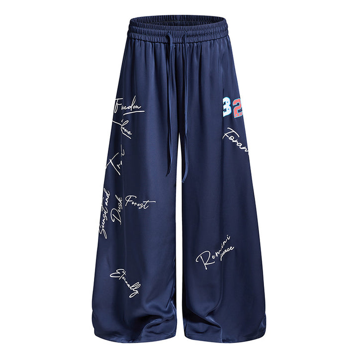 Women's Wide Satin Palazzo Lounge Pants with Elastic Waistband, Drawstring, and Script Print Mune Fashion
