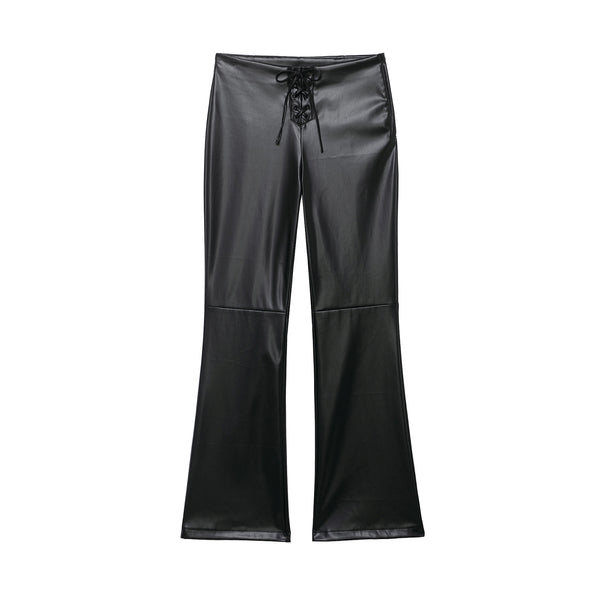 Ladies high-waisted flared faux leather pants with lacing detail at the waist Mune Fashion