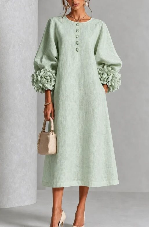 Women's midi dress made of linen with balloon sleeves and 3D flower cuffs Mune Fashion