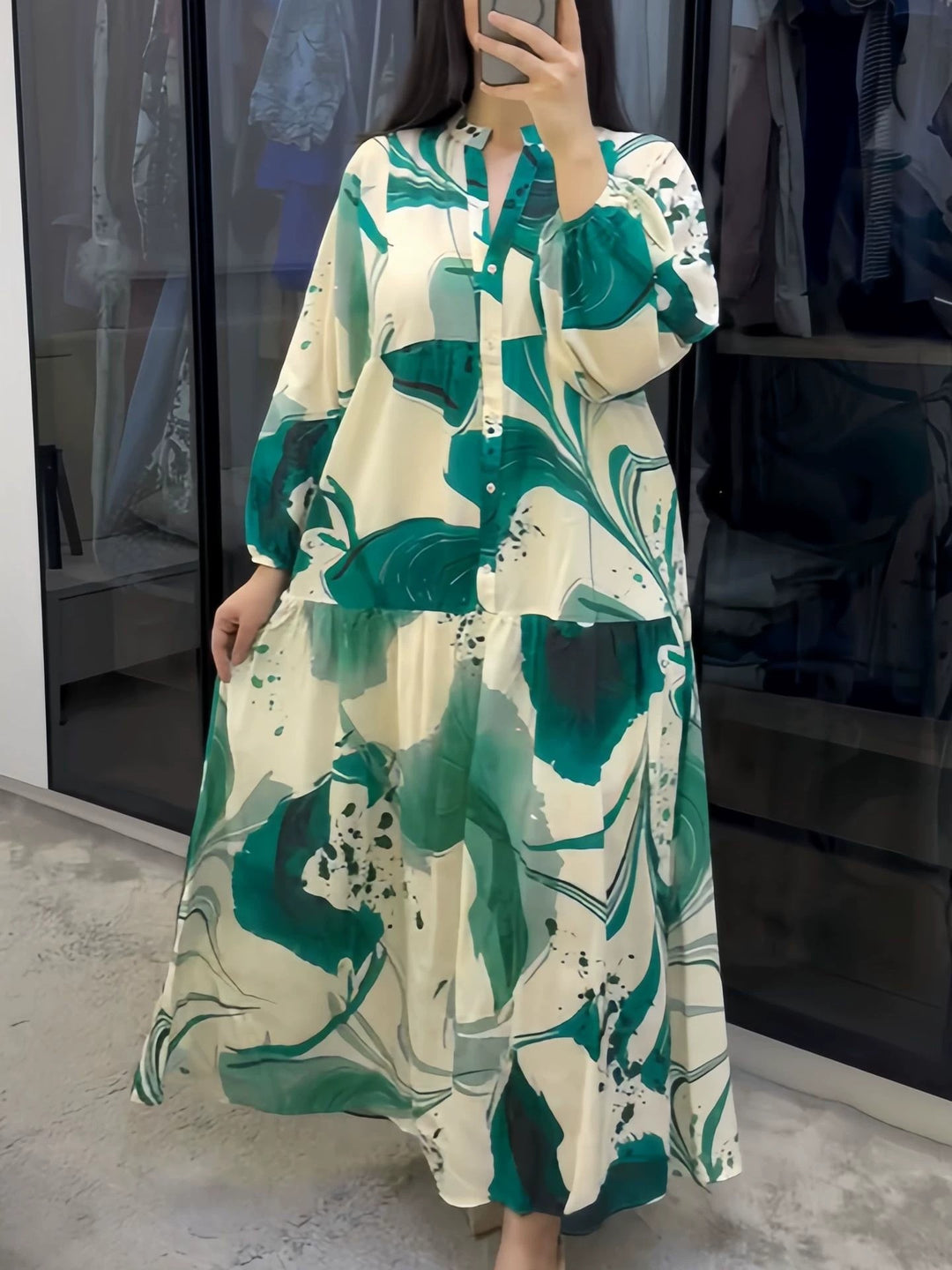 Women's Flowing Maxi Dress with Tiered Skirt, Dropped Balloon Sleeves and Stand Collar Mune Fashion