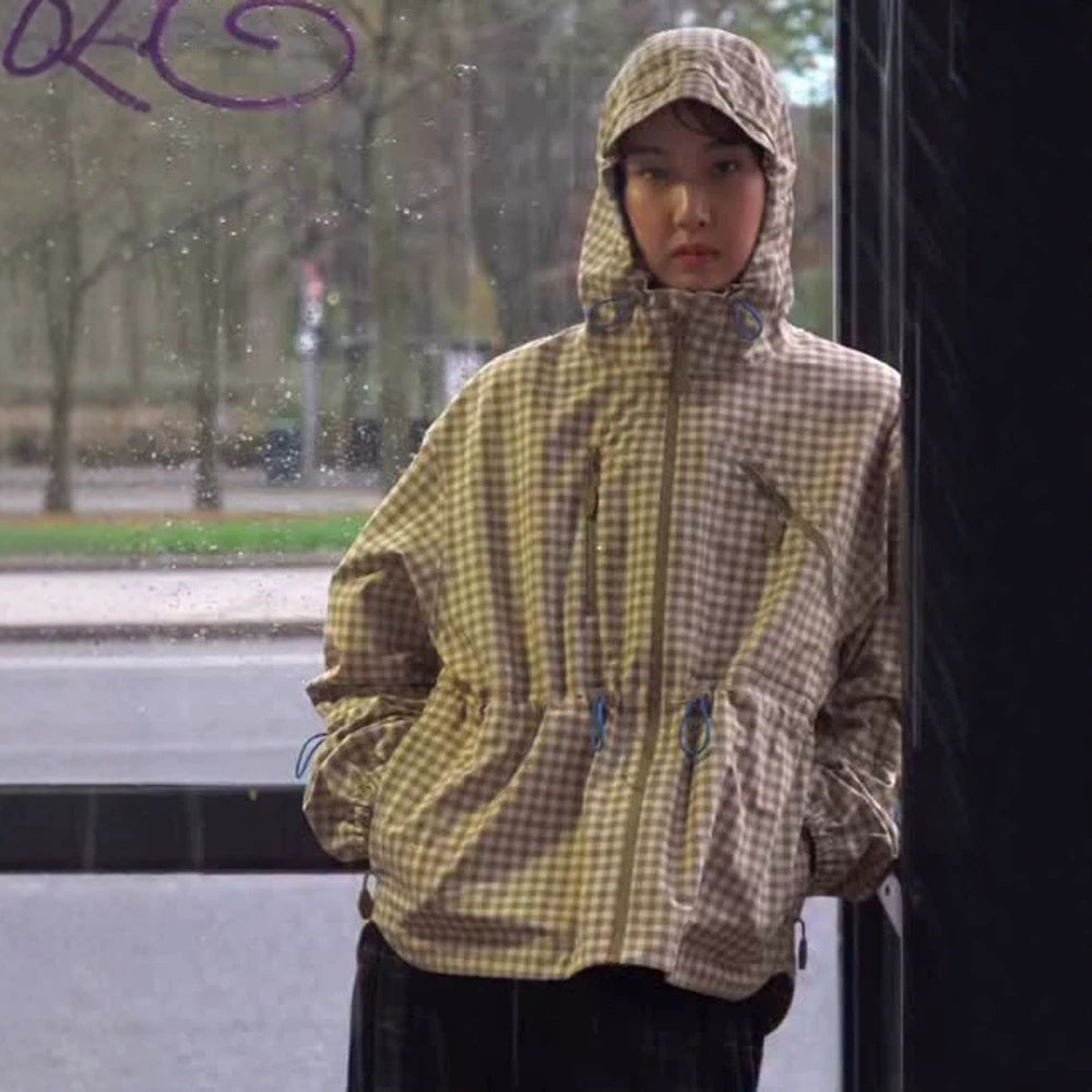 Women's Check Windbreaker with Waist Drawstring, Hood and Zipper Mune Fashion