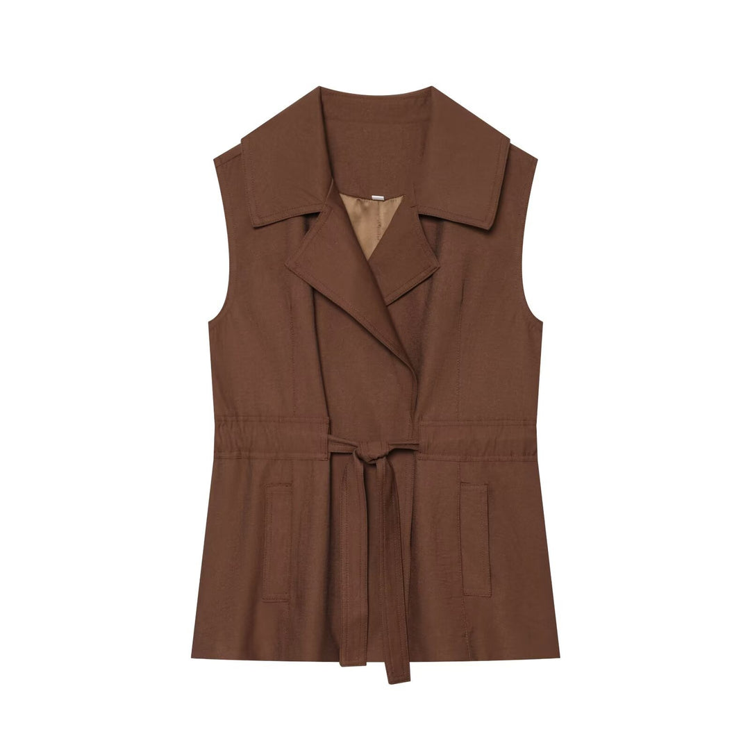 Women's Sleeveless Trench Vest with Waist Belt and Lapel Collar Mune Fashion