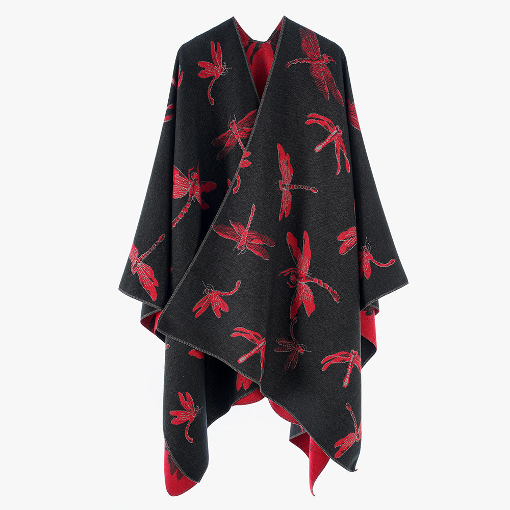 Women Oversize Cape made of fine jacquard knit with dragonfly motif and reversible wool look Mune Fashion