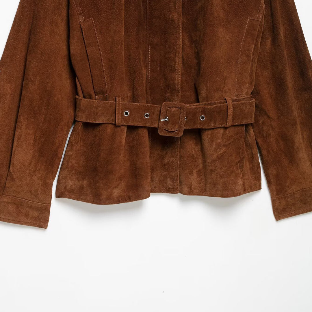 Women’s waist-hugging suede leather trench coat with stand-up collar and wide tie belt Mune Fashion
