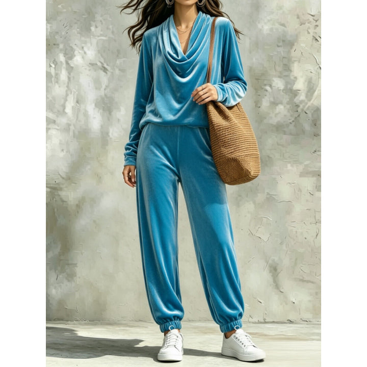 Women's Velvet Lounge Set with Waterfall Collar and Jogger Pants Mune Fashion