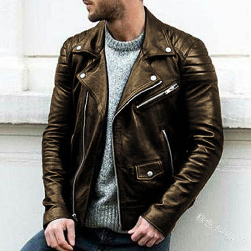 Men's Biker Leather Jacket with Asymmetrical Zipper and Quilted Shoulder Area Mune Fashion