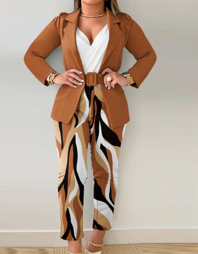Women's tailoring set with animal print lapel, tailored belt blazer and high-waist slim pants Mune Fashion