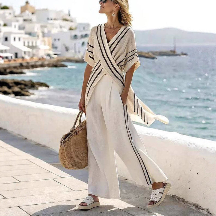 Women’s resort-inspired set with crossover kimono tunic and high-waisted palazzo pants Mune Fashion