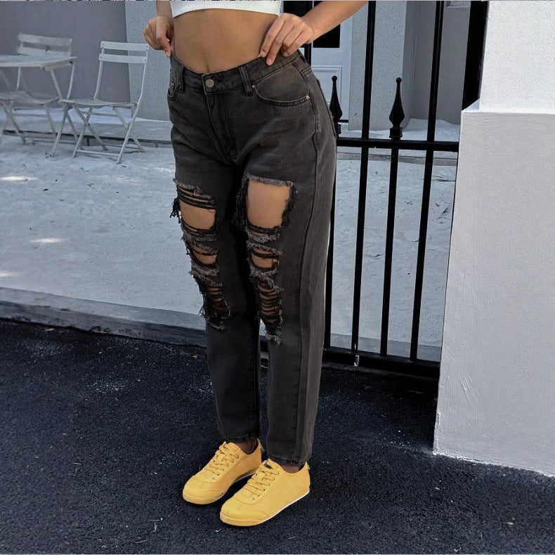 Ladies high-waisted ripped mom jeans with multiple knee cutouts and relaxed straight cut Mune Fashion