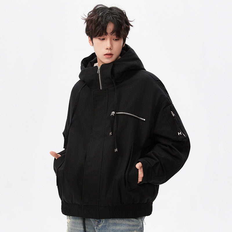 Men's Utility Hooded Jacket with Zipper, Multifunctional Pockets and Elastic Hem Drune