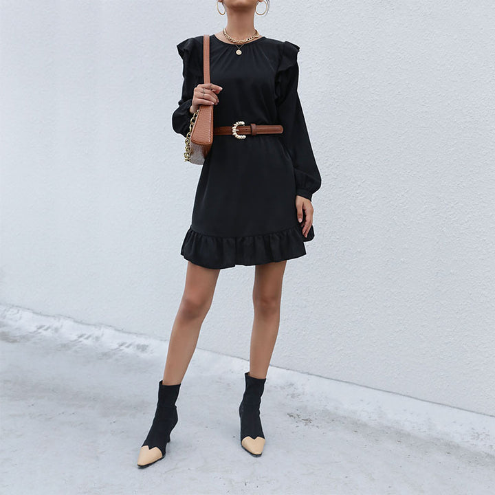 Women’s A-line Mini Dress with Ruffle Shoulders and Ruffle Hem Mune Fashion