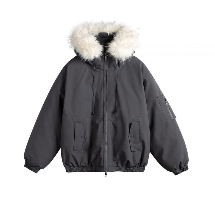 Women's Padded Bomber Jacket with Faux Fur Hood, Boxy Cut and Utility Pockets Mune Fashion