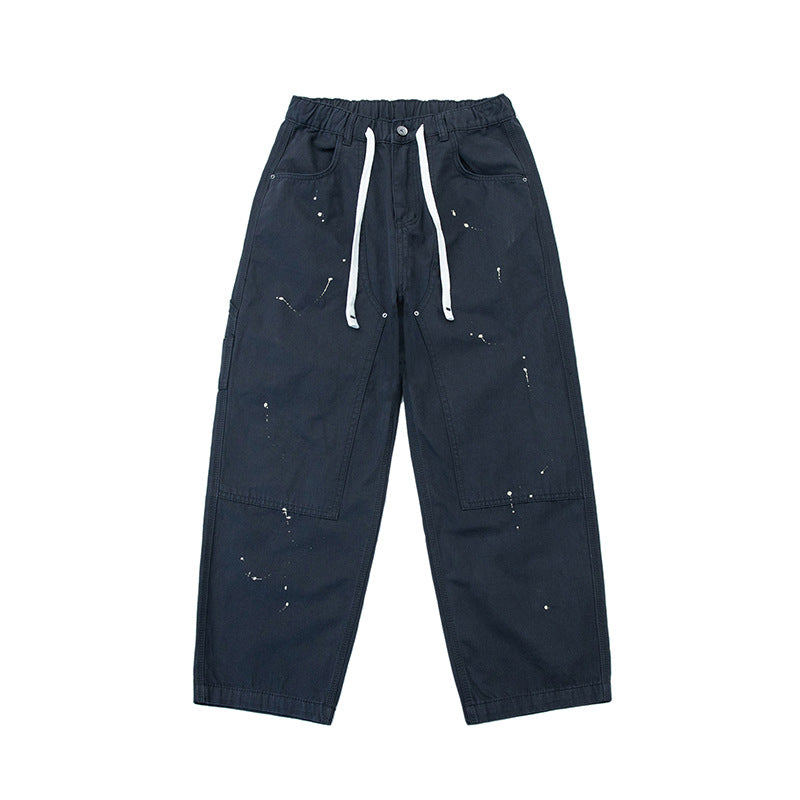 Unisex Wide Canvas Pants with Elastic Waistband, Drawstring, and Paint Splatter Details Mune Fashion
