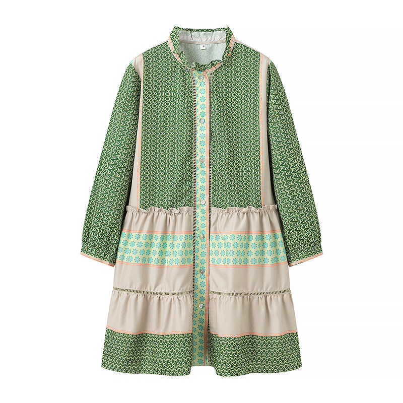 Ladies Printed Midi-Length Coat Dress with Ruffle Collar and Tiered Skirt Mune Fashion