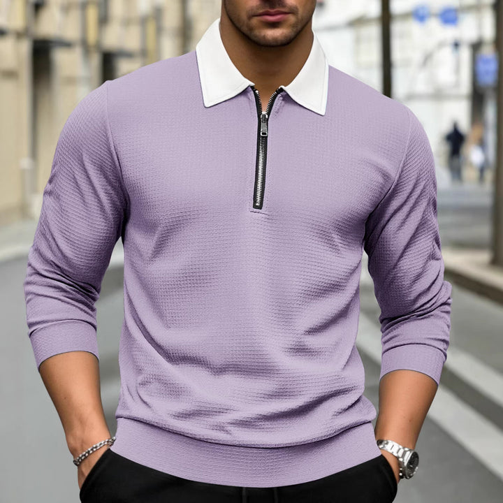 Men's Elegant Waffle Structure Polo Shirt with Half Zip and Contrast Collar Mune Fashion