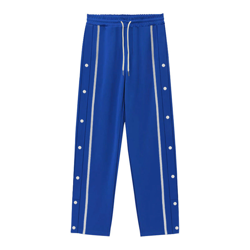 Men's Nan sporty jogging pants with side snap button placket, elastic drawstring waistband, and striking side stripes Mune Fashion