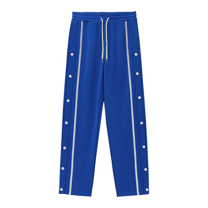Men's Nan sporty jogging pants with side snap button placket, elastic drawstring waistband, and striking side stripes Mune Fashion