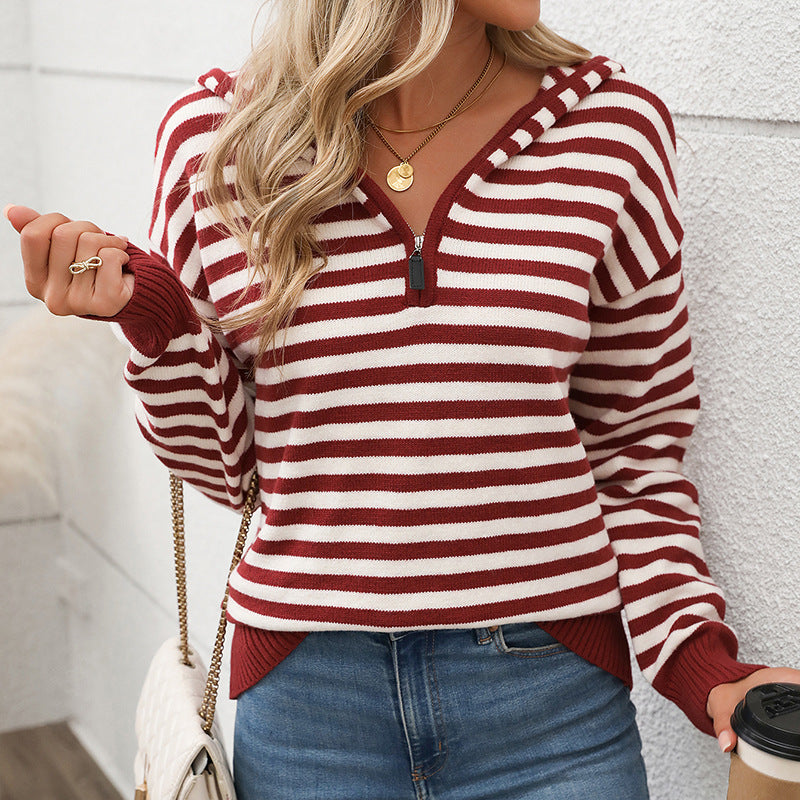 Women's Striped Hoodie with Half Zip and Ribbed Cuffs Mune Fashion
