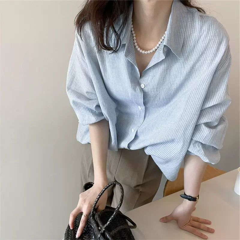 Women's Loose Striped Shirt in Linen Look with Boxy Oversize Fit Mune Fashion