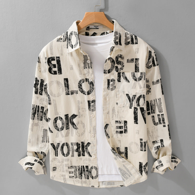 Men's Printed Lightweight Long Sleeve Shirt in Relaxed Fit with Typo Print and Chest Pocket Mune Fashion