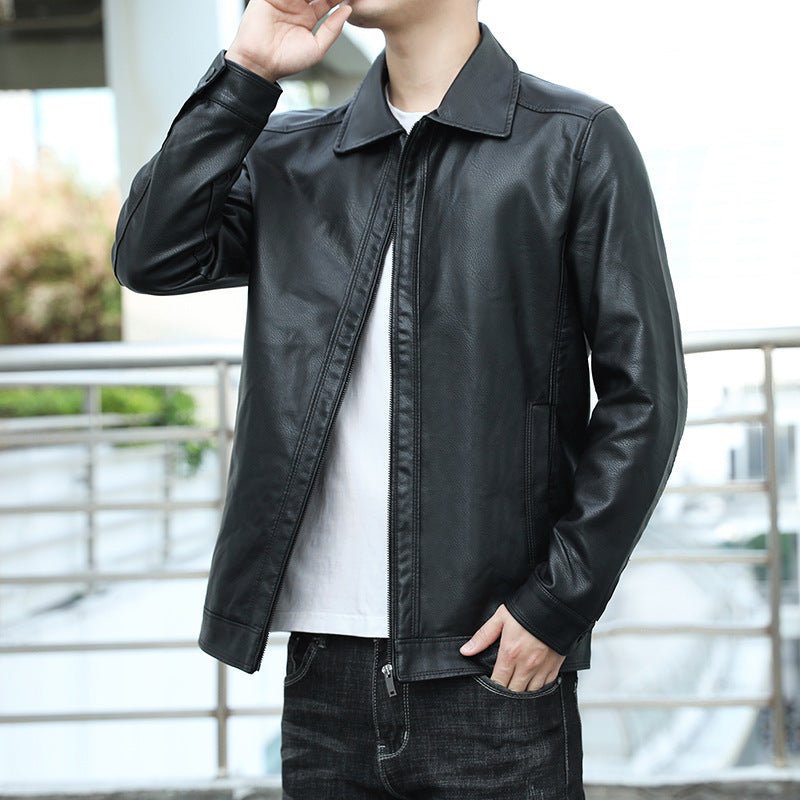 Men's Genuine Leather Blouson with Shirt Collar, Slim Fit and Concealed Zipper Mune Fashion