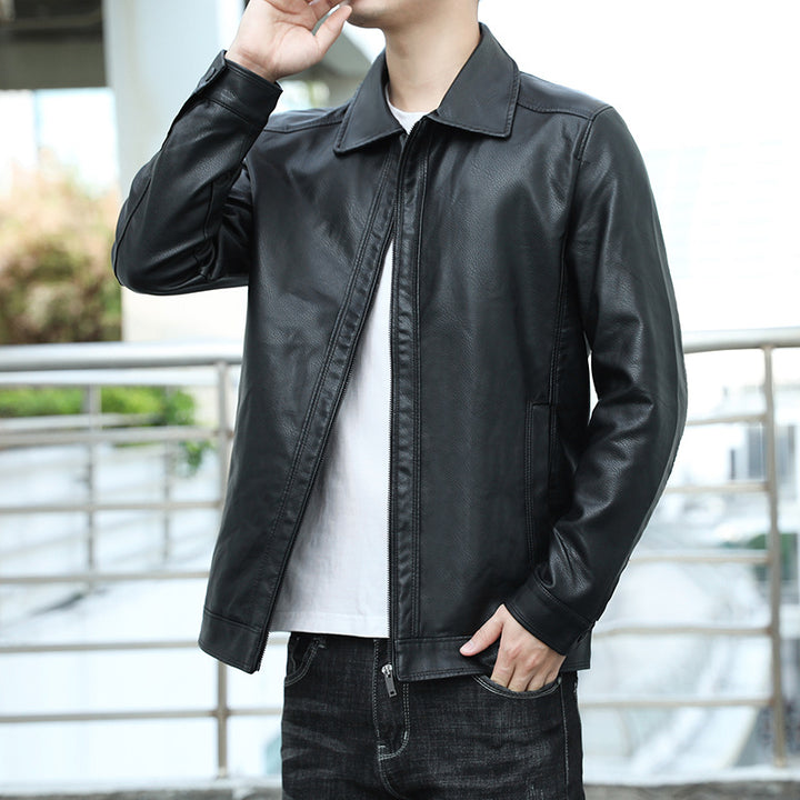 Men's Genuine Leather Blouson with Shirt Collar, Slim Fit and Concealed Zipper Mune Fashion