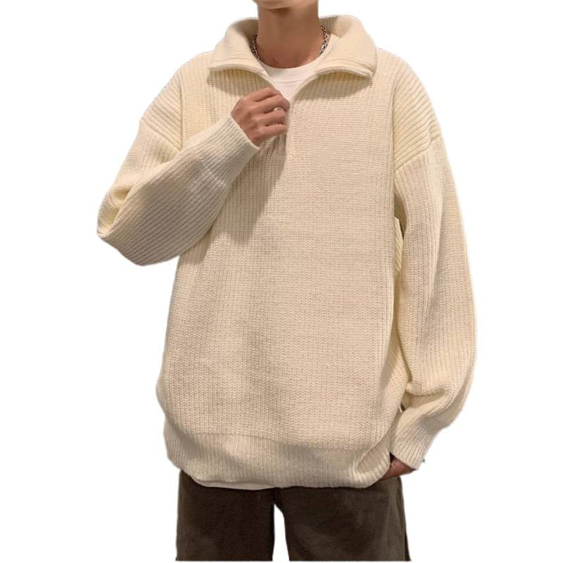 Men's Soft Oversized Ribbed Knit Sweater with Concealed Half Zip and Polo Collar Mune Fashion