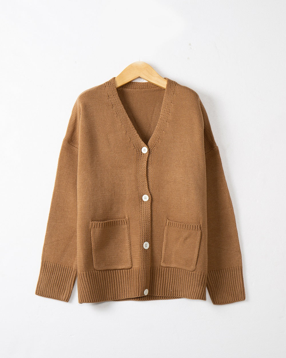 Women Fine Oversize Knit Cardigan with V-Neck, Button Placket and Patch Pockets Mune Fashion