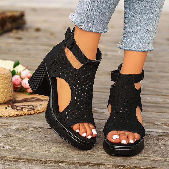 Women  Cut-Out Ankle Sandalette with mid-high block heel and perforated suede imitation Mune Fashion