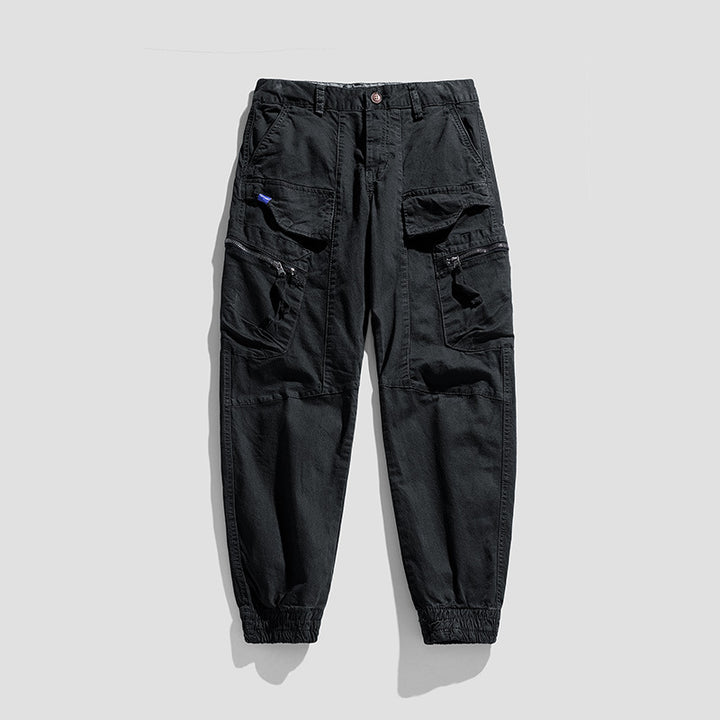 Men's Multifunctional Cargo Jogging Pants in Tactical Canvas Style with Knee Panels, Zipper and Flap Pockets Mune Fashion