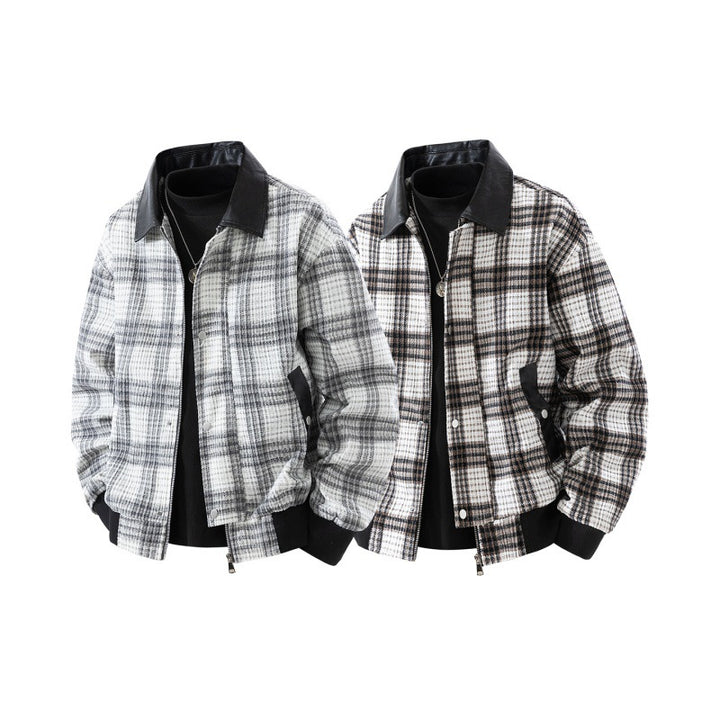 Men's checked overshirt jacket with faux leather collar, lined interior and elastic cuffs Mune Fashion